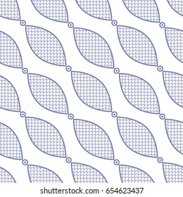 Seamless geometric chain pattern of petals with fish scale trellis pattern inside. Decorative garland background. Vector illustration.