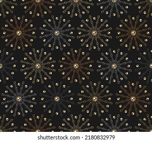 Seamless geometric chain pattern with stars of fireworks of metallic chains and beads, buttons. Gold, silver, copper, black chains. Vector Illustration.