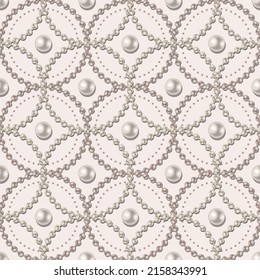 Seamless geometric chain pattern with strings of white pearls, intricate overlapping circles on white background.