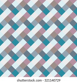 Seamless geometric checked pattern. Diagonal square, braiding, woven line background. Rhombus, patchwork, staggered figure texture. Light, blue, gray, turquoise, soft colored. Winter theme. Vector