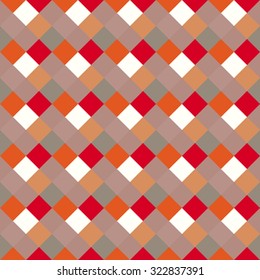 Seamless geometric checked pattern. Diagonal square, braiding, woven line background. Patchwork, rhombus, staggered texture. Red, white, gray, orange, warm, soft colored. Vector