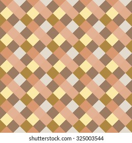 Seamless geometric checked pattern. Diagonal square, braiding, woven line background. Patchwork texture in warm, soft, light, gray, yellow, olive colors. Rhombus, staggered figure texture. Vector