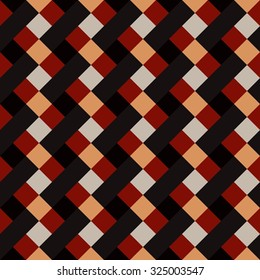 Seamless geometric checked pattern. Diagonal square, braiding, woven line background. Patchwork, rhombus, staggered texture. Brown, red, white, gray, chocolate, coffee colored. Vector