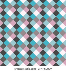 Seamless geometric checked pattern. Diagonal square, woven line background. Rhombus, patchwork texture. Blue, gray, rose, sea, soft colored. Winter, homosexual theme. Vector