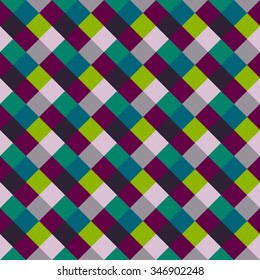 Seamless geometric checked pattern. Diagonal square, woven line background. Patchwork, rhombus, staggered texture. Green, gray colors. Winter theme. Vector