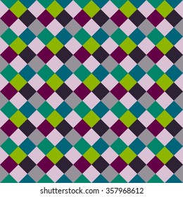 Seamless geometric checked pattern. Diagonal square, woven line background. Patchwork, rhombus, staggered texture. Green, gray, vinous colors. Winter theme. Vector