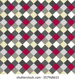 Seamless geometric checked pattern. Diagonal square, woven line background. Patchwork, rhombus, staggered texture. Gray, red, white colors. Winter theme. Vector