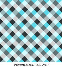 Seamless geometric checked pattern. Diagonal square, woven line background. Patchwork, rhombus, staggered texture. Gray, blue colors. Winter theme. Vector