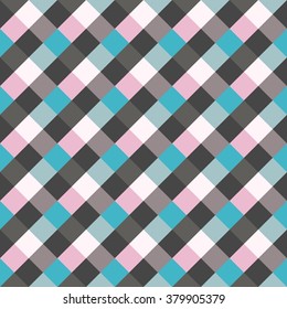 Seamless geometric checked pattern. Diagonal square, braiding, woven line background. Patchwork, rhombus, staggered texture. Blue, gray, lilac colors. Winter theme. Vector