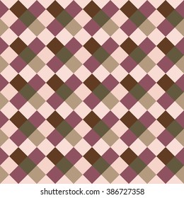 Seamless geometric checked pattern. Diagonal square, braiding, woven line background. Patchwork, rhombus, staggered texture. Rosybrown, brown, green colors. Winter theme. Vector