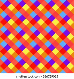 Seamless geometric checked pattern. Diagonal square, braiding, woven line background. Patchwork, rhombus, staggered texture. Baby, festival, clown, holiday colors. Vector