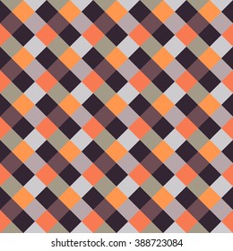 Seamless geometric checked pattern. Diagonal square, braiding, woven line background. Patchwork, rhombus, staggered texture. Brown, gray, orange colors. Winter theme. Vector