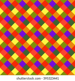 Seamless geometric checked pattern. Diagonal square, braiding, woven line background. Patchwork, rhombus, staggered texture. Baby, festival, clown, holiday colors. Vector