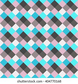 Seamless geometric checked pattern. Diagonal square, woven line background. Rhombus, patchwork texture. Blue, gray, rose, sea, soft colored. Vector