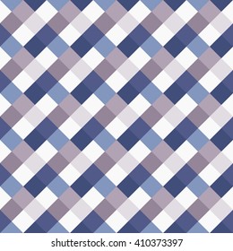 Seamless geometric checked pattern. Diagonal square, woven line background. Rhombus, patchwork texture. Blue, gray, white pastel colored. Vector