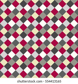 Seamless geometric checked pattern. Diagonal square, woven line background. Rhombus, patchwork texture. Gray, red, white colored. Vector