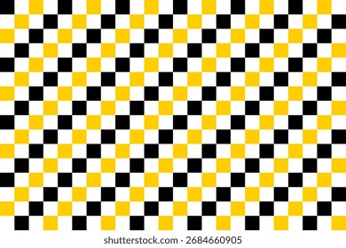Seamless geometric checkerboard pattern featuring black, yellow, and white squares. This abstract design is perfect for backgrounds, textiles, wallpapers, modern decoration, and graphic design project