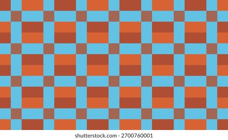 Seamless geometric checkered pattern with alternating orange and blue squares. The minimalist grid design combines warm and cool tones, creating a modern yet retro visual balance