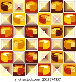 Seamless geometric checkered pattern with icons of Cheese, square outline shapes in flat simple geometric style. Classic checkered square grid. For branding, food packaging, textile kitchen prints