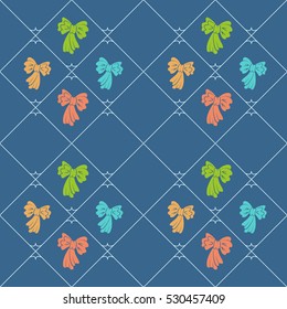 Seamless geometric children pattern. Diagonal reticulated texture with baby bows. Colored bow-knot signs on dark blue background. Vector