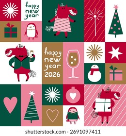 Seamless geometric Christmas pattern with horses, gifts, Christmas trees, snowflakes, and birds. Vector hand-drawn pattern for the New Year.