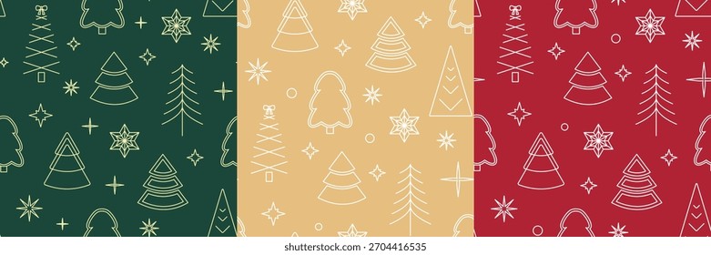 Padrão de Natal geométrico contínuo com árvores lineares, flocos de neve e ícones minimalistas de ouro. Moderno fundo de arte de linha de luxo para projetos festivos.