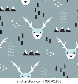 Seamless geometric christmas reindeer theme mountains christmas tree and snow abstract illustration kids background pattern in vector