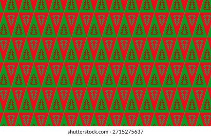 Ein nahtloses geometrisches Weihnachtsbaummuster im flachen Skizzenstil ist innerhalb von Dreiecken in Grün- und Rottönen angeordnet.

