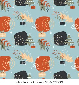Seamless with geometric Christmas Tree. Winter pattern with abstract color shapes, gift boxs, foliage.