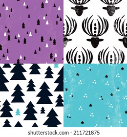 Seamless geometric christmas trees and abstract reindeer antlers illustration background pattern wrapping paper in vector