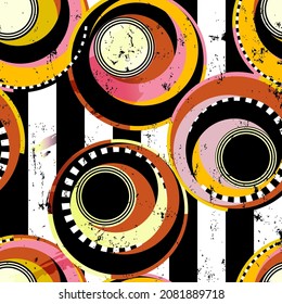 seamless geometric circle background, with stripes; paint strokes and splashes, black and white