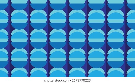 Seamless geometric circle pattern in blue shades with retro modern style