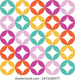 Seamless Geometric Circle Pattern with Colorful Retro Shapes on White Background