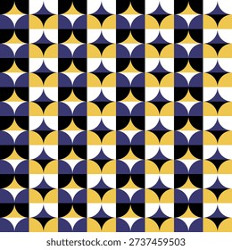 Seamless geometric circle pattern with optical illusion effect. Blue, yellow and black curved shapes create rhythmic movement and visual vibration. Abstract repeating background.