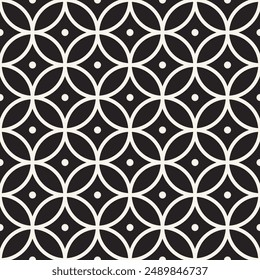 Seamless geometric circles line pattern. Black white overlapping circles and dots background.