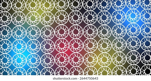 Seamless geometric circular pattern with white line art on a vibrant multicolor gradient background. Ideal for modern textiles, digital art, and backgrounds.