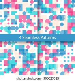 Seamless Geometric Color Pattern Collection. Set of Repetitive Textures. Modern Ornaments with Transparent Circles and Squares. Abstract Vector Backgrounds