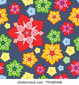 Seamless geometric colorful pattern with red, green and yellow flowers