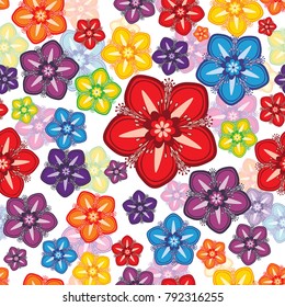 Seamless geometric colorful pattern with red, green, purple and yellow flowers
