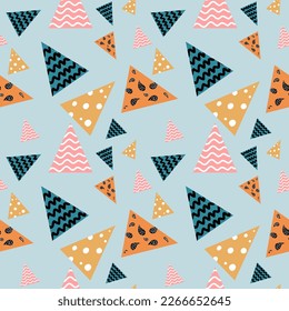 Seamless geometric colorful triangle pattern design on light blue background. Vector illustration for wallpaper, fabric, print and backdrop.