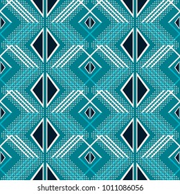 Seamless geometric complex pattern in blue and white colors