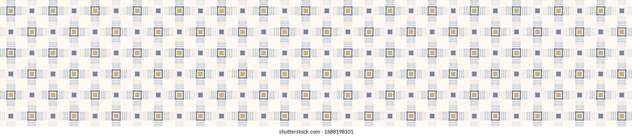 Seamless geometric cross grid border pattern in french blue linen shabby chic style. Hand drawn texture. Light neutral blue background. Interior soft furnishing home decor banner. Modern ribbon trim