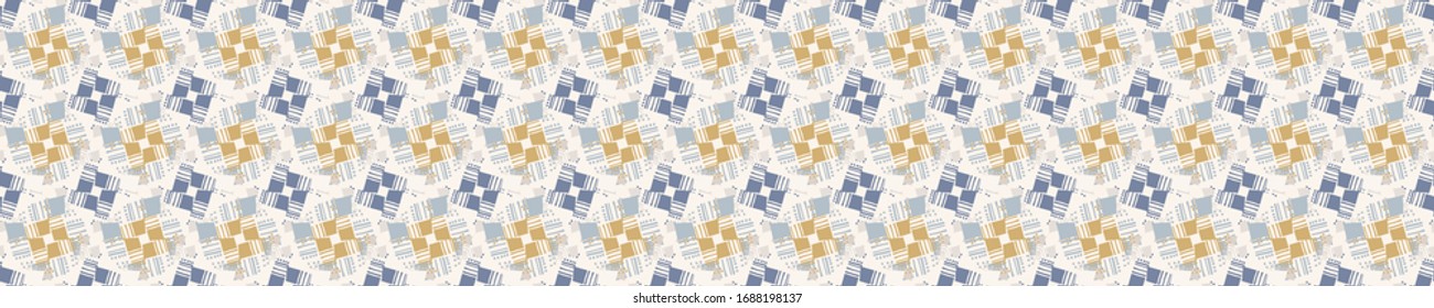 Seamless geometric cross grid border pattern in french blue linen shabby chic style. Hand drawn texture. Light neutral blue background. Interior soft furnishing home decor banner. Modern ribbon trim