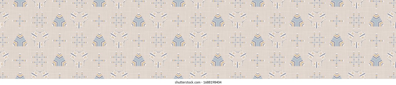 Seamless geometric cross grid border pattern in french blue linen shabby chic style. Hand drawn texture. Light neutral blue background. Interior soft furnishing home decor banner. Modern ribbon trim