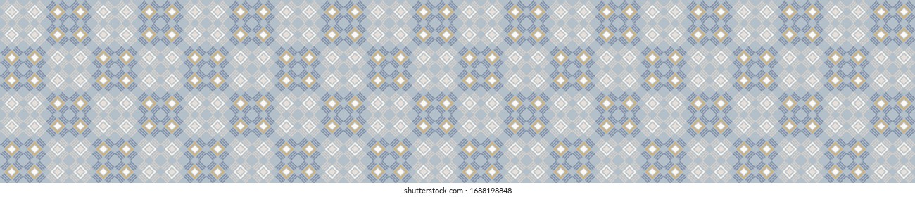 Seamless geometric cross grid border pattern in french blue linen shabby chic style. Hand drawn texture. Light neutral blue background. Interior soft furnishing home decor banner. Modern ribbon trim