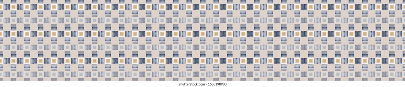 Seamless geometric cross grid border pattern in french blue linen shabby chic style. Hand drawn texture. Light neutral blue background. Interior soft furnishing home decor banner. Modern ribbon trim