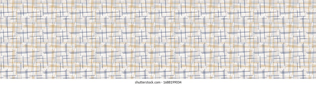Patrón geométrico de borde cruzado sin problemas en lino azul francés, de estilo chic.Textura dibujada a mano. Fondo azul neutro claro. Banner decorativo de decoración interior mullida. Guarnecido moderno de cinta