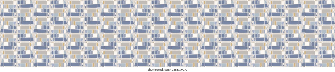 Patrón geométrico de borde cruzado sin problemas en lino azul francés, de estilo chic.Textura dibujada a mano. Fondo azul neutro claro. Banner decorativo de decoración interior mullida. Guarnecido moderno de cinta