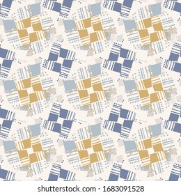 Seamless geometric cross grid pattern in french blue linen shabby chic style. Hand drawn texture. Old yellow blue background. Interior wallpaper home decor swatch. Modern retro textile all over print