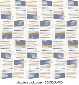 Seamless geometric cross grid pattern in french blue linen shabby chic style. Hand drawn texture. Old yellow blue background. Interior wallpaper home decor swatch. Modern retro textile all over print
